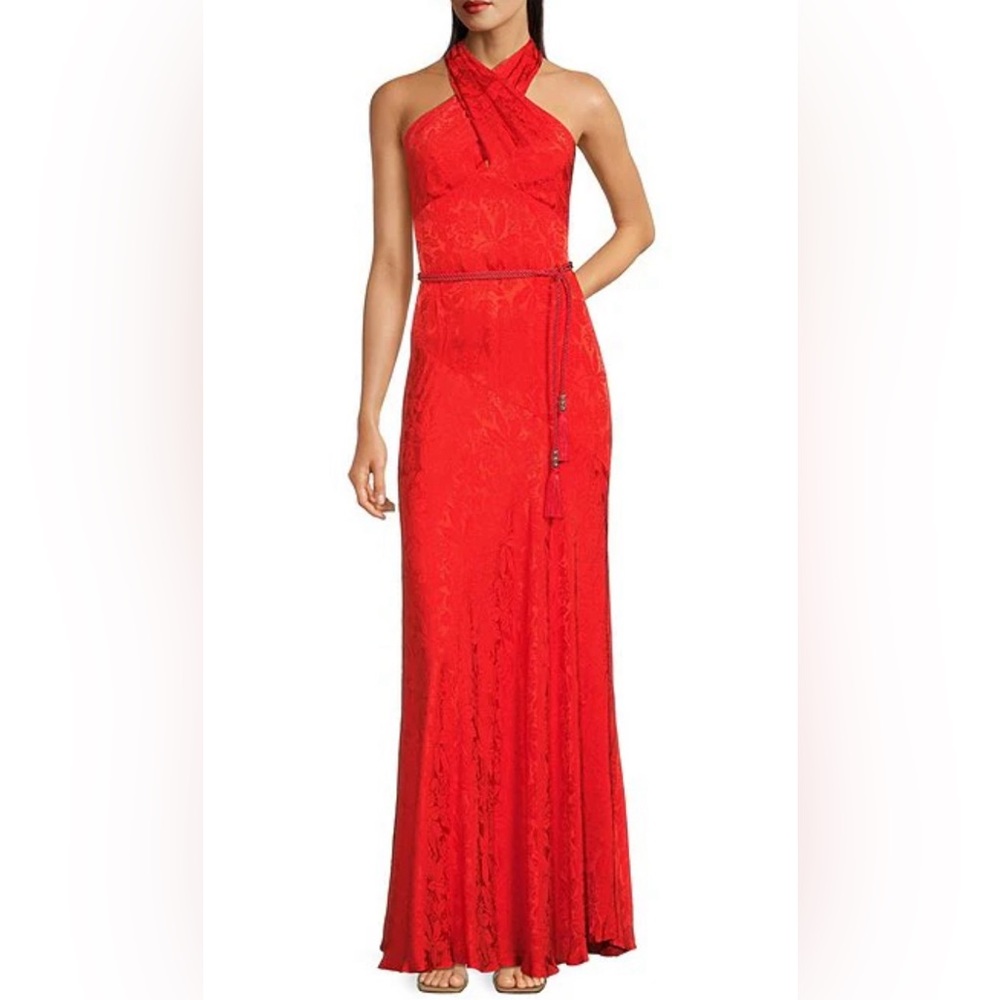 Ralph Lauren Red Vafarra Beaded Floral Jacquard Halter Neck Gown Size 2
